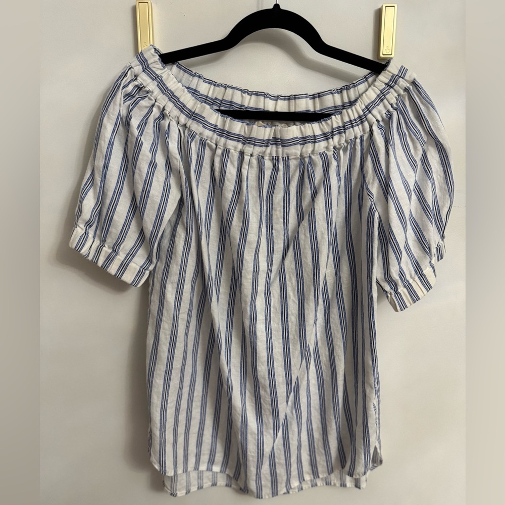Michael Kors Linen Off-Shoulder Blouse with White Blue Stripes